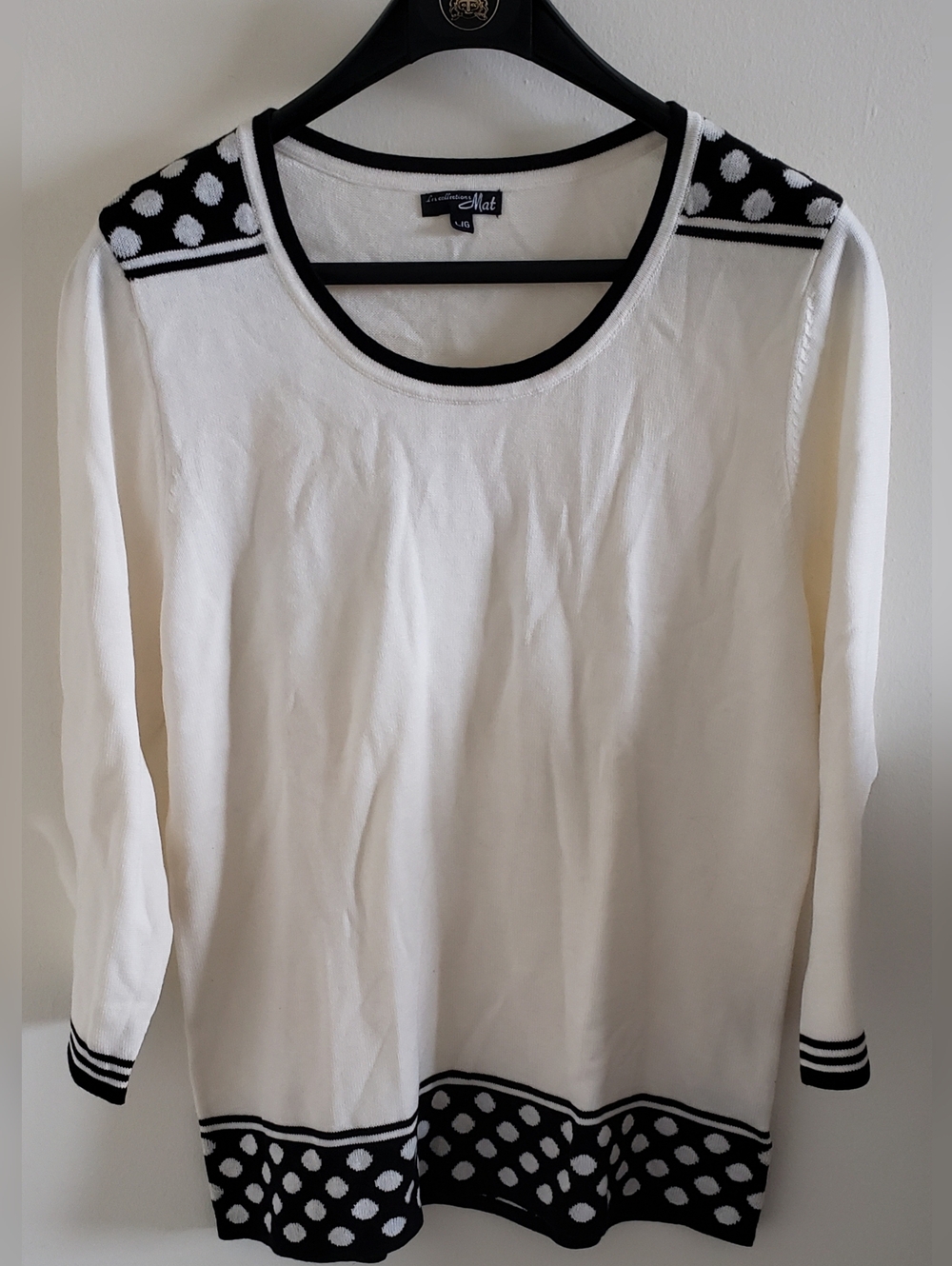 NEW Cream Scoop Neck Sweater with Black Polka Dot Trim, L